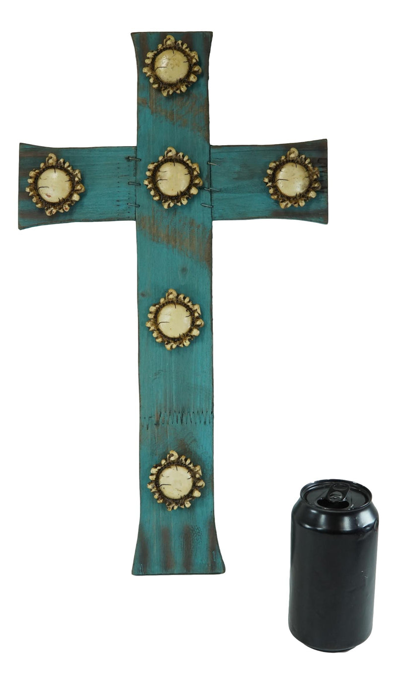 Rustic Western Distressed Wood Turquoise Blue Faux Antler Bone Crowns Wall Cross