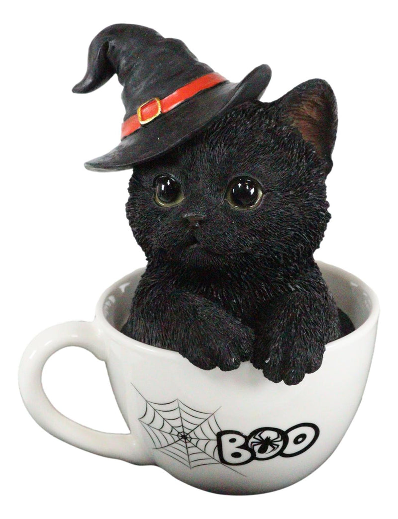 Witching Hour Halloween Black Cat with Witch Hat In Tea Cup Pet Pal Figurine