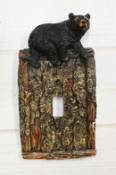 Set of 2 Rustic Faux Tree Bark With Black Bear Single Toggle Wall Switch Plates