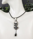 Evil Skull With Roses And Black Gemstones Pewter Necklace Pendant Rubber Cord