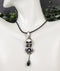 Evil Skull With Roses And Black Gemstones Pewter Necklace Pendant Rubber Cord