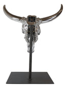 23"H Large Rustic Chrome Plated Longhorn Bull Steer Skull Resin Desktop Plaque