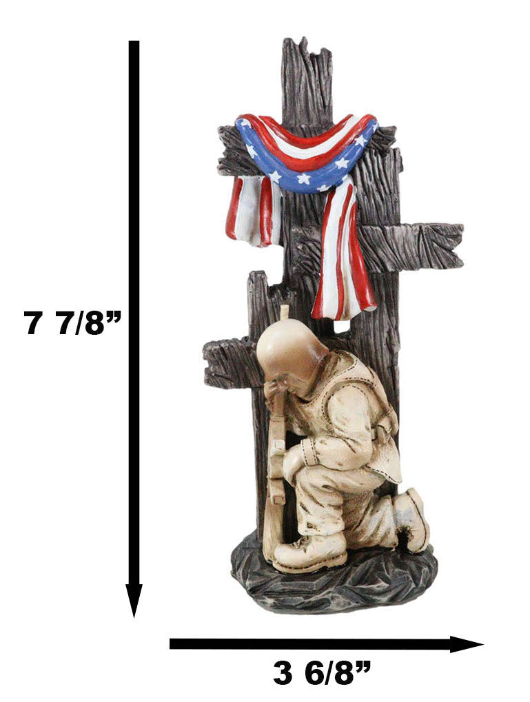 Kneeling Soldier In Prayer By 3 Rugged Crosses American Flag Memorial Figurine