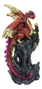 Metallic Crimson Red Dragon Guarding Castle Tower On Mountain Cliff Figurine