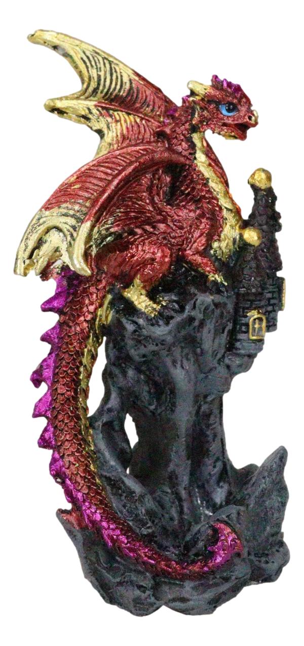 Metallic Crimson Red Dragon Guarding Castle Tower On Mountain Cliff Figurine