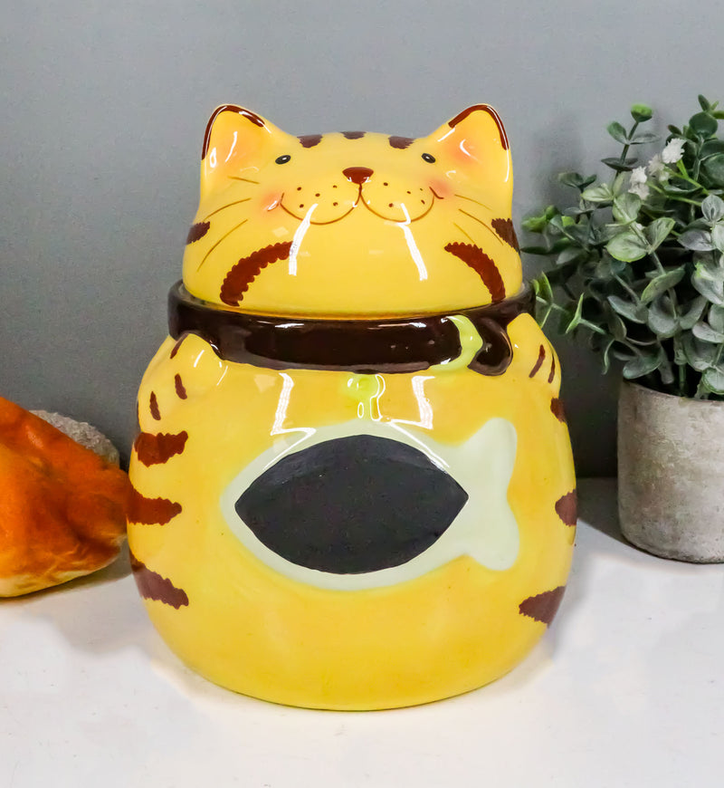 Ceramic Feline Orange Tabby Fat Cat With Giant Fish Belly Cookie Jar 7.25"Tall