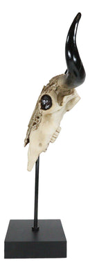 Western Rustic Tooled Bull Cow Skull With Celtic Cross Sculpture On Pole Display