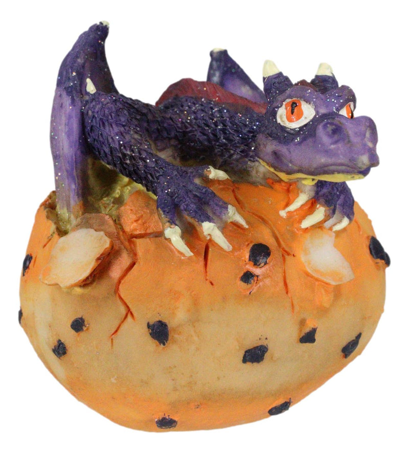 Small Sparkly Purple Whimsical Dragon Baby Emerging From Spotted Egg Figurine