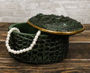 Faux Crocodile Pattern Textured Green Print Gold Oval Decorative Jewelry Box