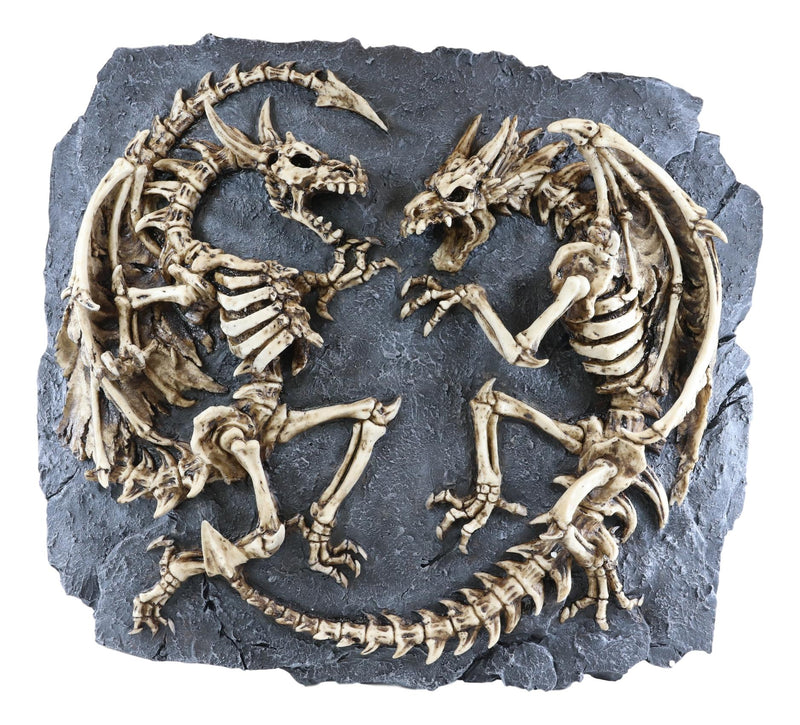 Faux Fossil Rock Block With 2 Dueling Skeleton Dragons Exotic Wall Decor Plaque