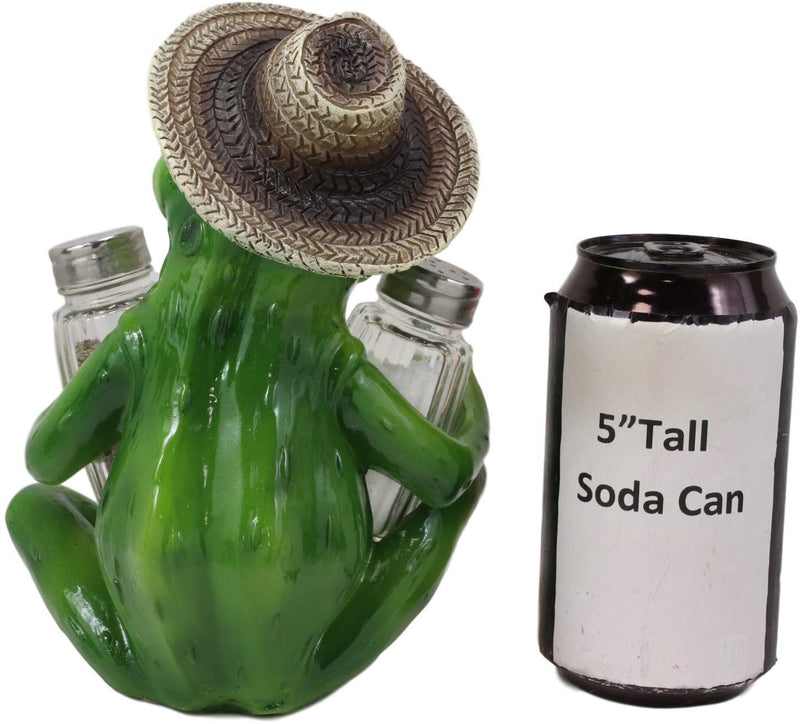 Ebros Green Toad Tree Frog With Sombrero Glass Salt Pepper Shakers Holder Set