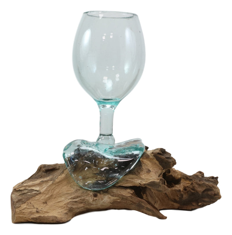 Balinese Handicraft Natural Driftwood Root With Molten Hand Blown Wine Glass