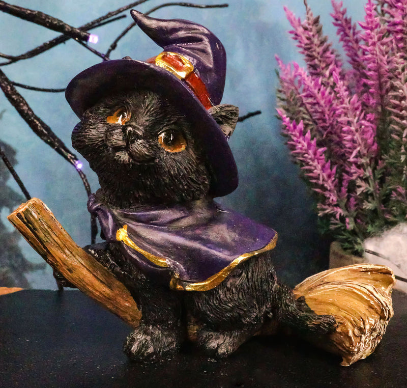 Halloween Black Cat with Witch Hat and Cape Riding Magical Broomstick Figurine